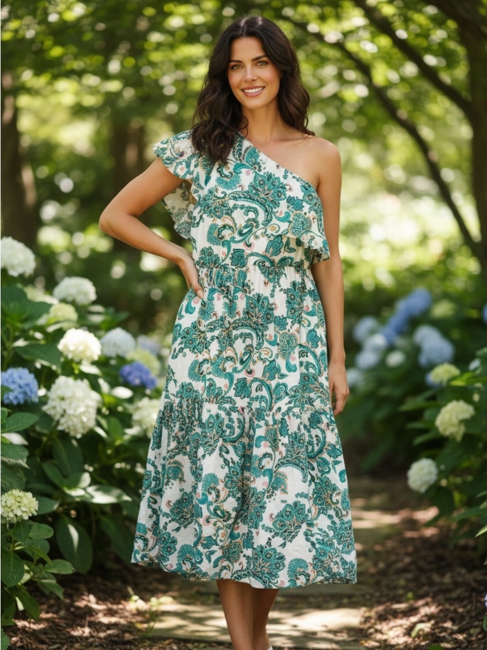RUSTTYDUSTTY One-Shoulder Teal Paisley Maxi Dress - Women size small